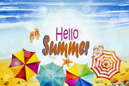 彩色伞和沙滩元素组成的夏天水彩设计图片