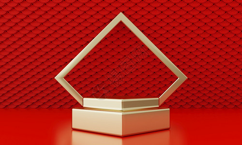 新年红现代风格一个讲台产品展示配有金环框架日语风格背景欢乐节传统文化概念3D插图HIV抽象的新长方形图片