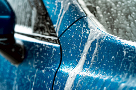 玻璃横幅闪亮的蓝色洗车用白肥皂泡沫汽车护理业务清洁和打蜡前闪亮服务车辆清洁用防腐剂和冠状消COVID19洗车图片