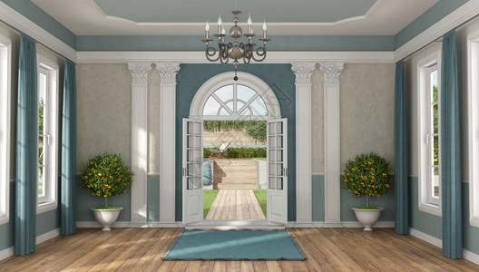 渲染浅褐色的一座豪华别墅的家门入口典型风格有花园背景3D为豪华别墅的家门入口装饰风格图片