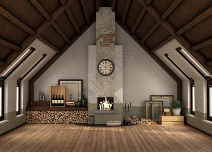 无木天花板家具的壁炉房3d使Rortro阁楼没有家具的壁炉植物棕色经典图片