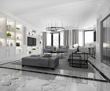 屋酒店沙发3d以大理石瓷砖和书架制成白色现代经典客厅图片