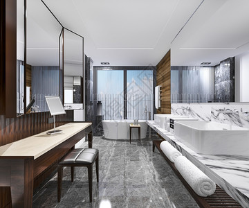 淋浴放松3d提供现代阁楼洗手间配有豪华瓷砖和化妆桌建筑学图片
