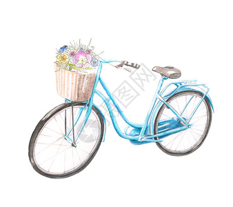 为了一种手画水彩自行车带一篮子鲜花供浪漫分离旅行图片