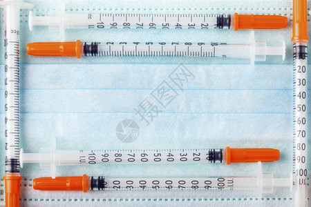 制药保护蓝面罩上框架状的胰岛素注射器入卫生图片