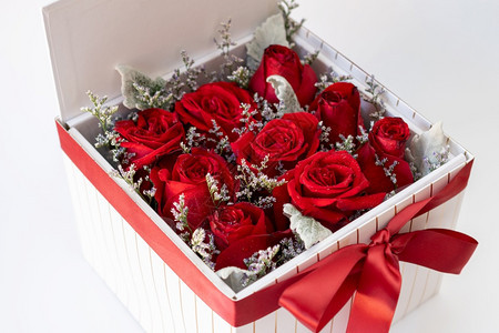 庆典浪漫的白色背景方形礼盒中浪漫红玫瑰夏天图片