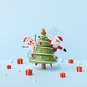 帽子问候蓝色的圣诞快乐与老人雪和圣诞树开派对蓝背景的3D投影图片
