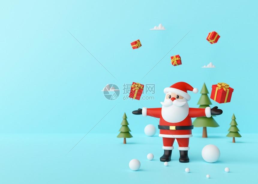 树销售圣诞快乐老人享受礼物在蓝色背景上享受3D感化品派对图片