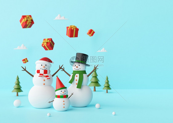 圣诞快乐雪人享受圣诞礼物在蓝色背景上3D铸造冬天使成为降雪图片