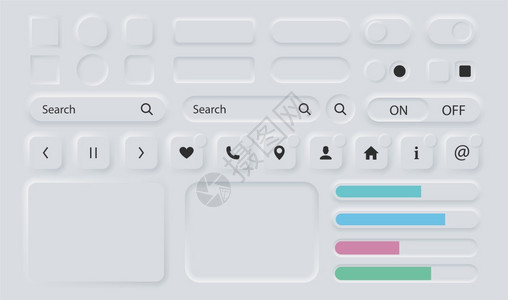 桂用户界面元素新形态设计风格的白色按钮带有阴影3d按钮集合用于应程序中的ui导航新形态时尚设计元素在背景上隔离矢量插图用户界面元图片