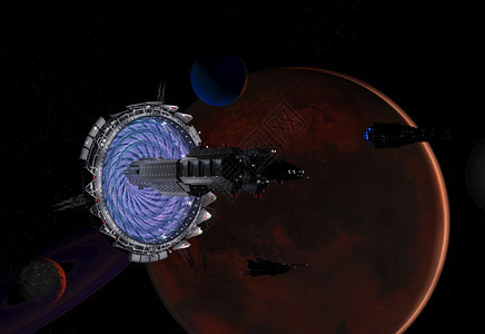 绕行星太空中阳系红色行星附近的时空门和宇宙飞船3d渲染太空中阳系红色行星附近的时空门和宇宙飞船冒险图片