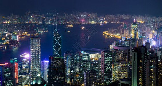 都会香港天际和维多利亚港旅游目的地夜空中观察全景晚上美丽的图片