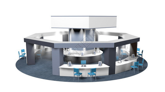 亭一种广告在八角博览会上销售的3D平台模型在圆周地毯上为顾客和供应商提椅子白底灰色的摊位白底灰色宣传空间3D图片
