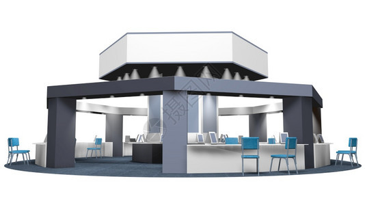 白色的建筑学在八角博览会上销售的3D平台模型在圆周地毯上为顾客和供应商提椅子白底灰色的摊位白底灰色宣传空间3D广告图片