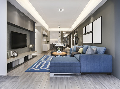 室内的木头公寓3d提供现代餐厅和客配有豪华装饰品图片
