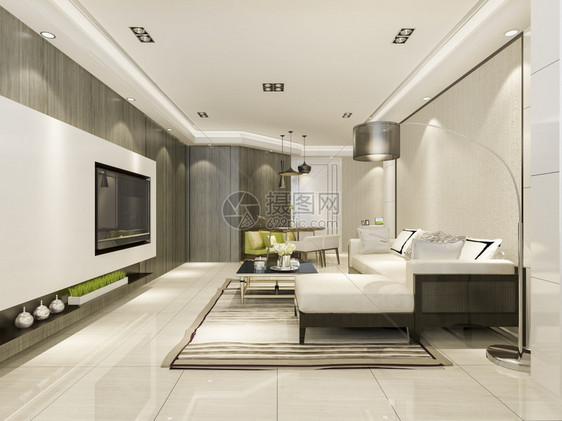 当代的内部屋3d提供现代餐厅和客配有豪华装饰品图片