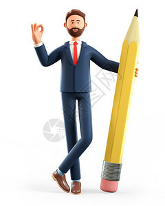 3D插图笑的有创意人拿着大铅笔举起手势装扮好卡通站着留胡子的商人带着好标志和巨笔男保持商业图片