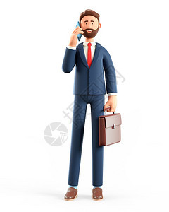 使成为商业3D插图在用智能手机和持有公文包以白色背景孤立的衣人手持公文包时在电话上笑着胡须商人的可爱卡通中聊天的快乐男子站立称呼图片