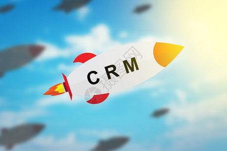 数据服务广告具有模糊背景和软光效应的客户关系管理平板设计火箭CRM或客户关系管理图片