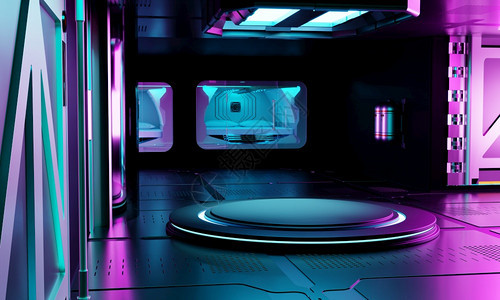 粉色的空间飞船内部实验室建筑和用于网络博中心产品展示的空讲台技术与Scifi概念3D插图演示文展技术和Scifi概念派对房间图片