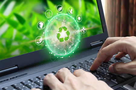 活力网络与自然背景技术生态概念的连接上图标以及使用手提笔记本电脑和环境计算机的图示污染环境图片