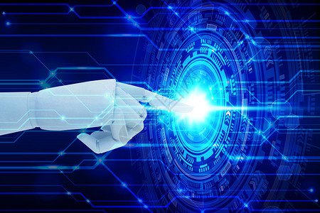 艾机器人手触摸虚屏技术人工智能概念手指黑客攻击图片