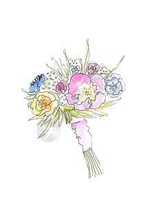 在孤立的背景下亲手绘制水彩色花束朵的布优雅夏天婚礼图片