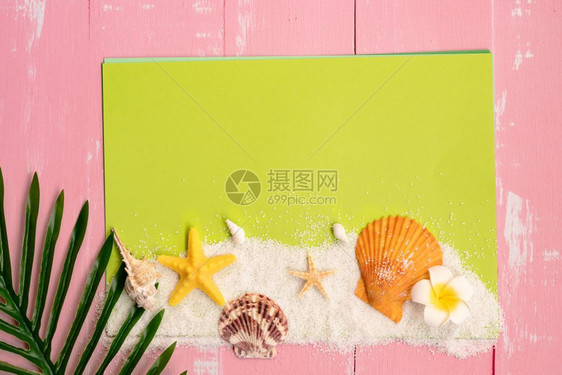 黄色的海洋橙美丽暑假海滩附件壳沙石子和棕榈在纸上停留供复制空间图片