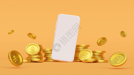展示被金硬币包围的智能手机装配成3D最小的现金图片