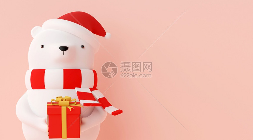 卡片最小的插图圣诞快乐和新年圣诞人物的班纳戴着红帽子的熊拿着粉红背景的圣诞礼物3D感化图片