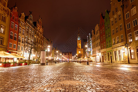 Gdansk主要街道长市场夜光波兰Gdansk主要街道长市场晚灯波兰地标格但斯克圣诞节图片