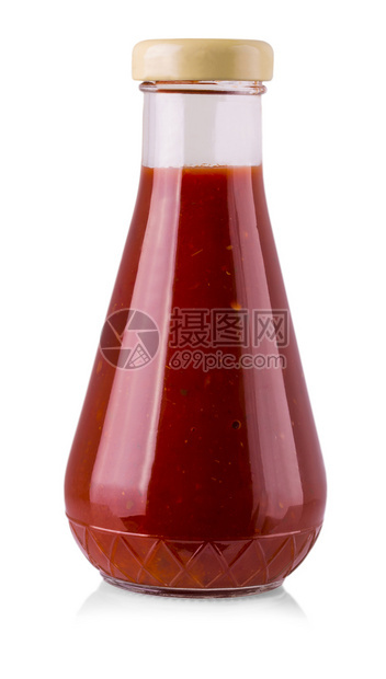 在白背景和剪切路径上隔离的瓶装番茄酱产品调味料咸的图片