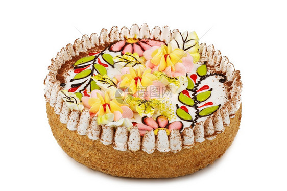 椰子白色巧克力蛋糕装饰在白色背景上隔绝的奶油花含糖图片