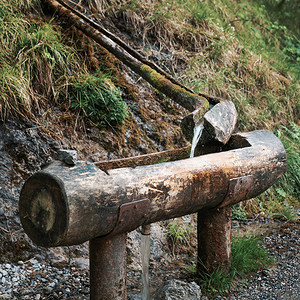 意大利Bergamo附近ValVertova种子的木制喷泉源流出未过滤的天然原始水生活森林流动图片