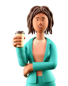 可爱的愉快发型3D展示微笑的非洲女拿着纸杯咖啡近距离拍摄可爱卡通画像站在绿色西装优雅的女商人孤立在白色背景上图片