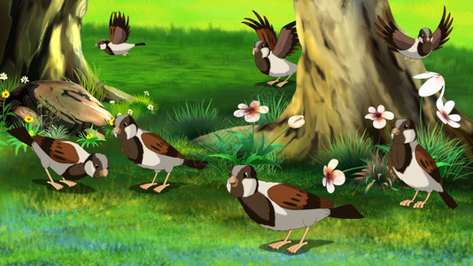 鸟树花朵在森林数字绘画中喂食的麻雀链完整彩色插图图片