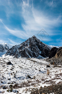 冰美丽的巨大雪和蓝天空下山顶攀爬着岩石阿尔泰山峡谷的冬季全景图片