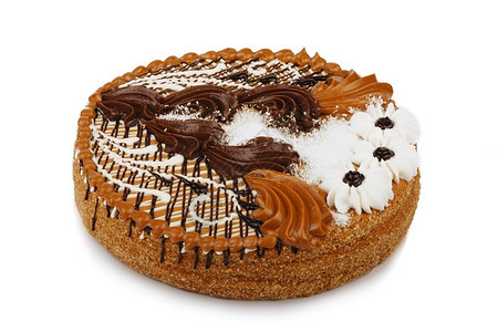 圆形的可口橙牛奶和巧克力蛋糕装饰用白底霜花隔绝的奶油图片