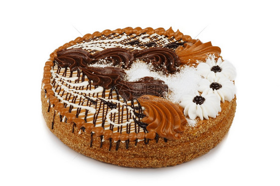 圆形的可口橙牛奶和巧克力蛋糕装饰用白底霜花隔绝的奶油图片