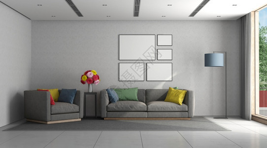 以灰色沙发扶椅和多彩的坐垫三D为最薄式客厅用灰色沙发和扶椅作为最薄式客厅平铺房间公寓图片