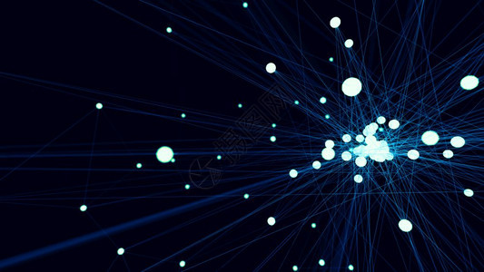 蓝未来技术网络节点摘要蓝色远期技术网络有线数据传输路连接和通信结构概念中子和电主题要素3D插图以示荧光的三角形蓝色图片