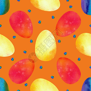 烹饪橙色背景上的彩复活节蛋无缝图案水插橙色背景上的彩复活节蛋无缝图案水画装饰品打印图片