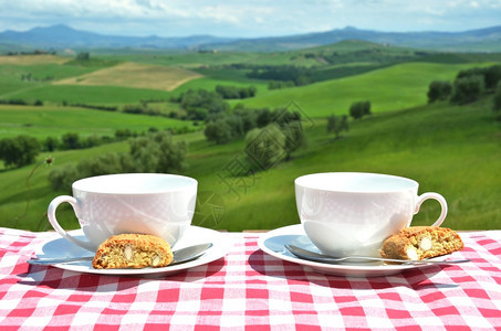 优质的春天曲奇饼意大利Toscan风景对面的桌子上两个咖啡杯和罐头饼干图片