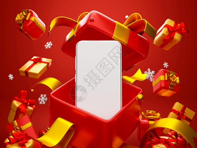在线的松树智能手机与圣诞礼物用于网上购广告的场景3d插图图片