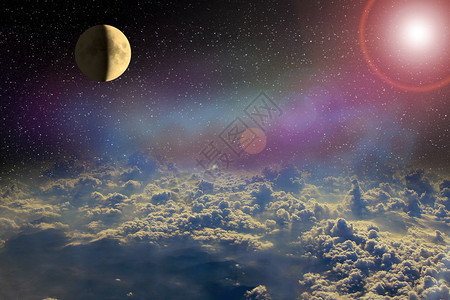 天上的星系月亮在地球云层上方的开放空间中发光宇宙景观与星云月亮和层的美丽空间景观阳光照射在白云上方的光线中月亮在地球云层上方的开图片