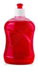 关心摄影化妆品红色塑料瓶装有白色背景隔离的液体洗涤剂清洁漂白或织物软化器图片