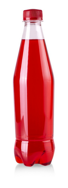白底隔离的含有红色柠檬水的塑料瓶子可口红色的碳酸化图片