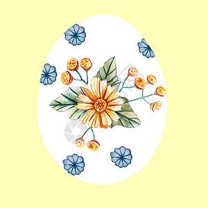 盛开季节白色复活鸡蛋黄色背景有花朵装饰式的东方鸡蛋模野花春布和绿色叶子白复活节鸡蛋野花模式颜色图片