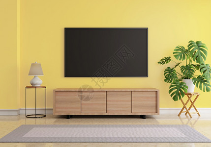 植物电视模拟黄色墙壁木板桌灯和大理石地板建筑和内部概念3D插图的灰色地毯以黄墙Forforma工厂和桌子灯以及大理石地板建筑和内图片
