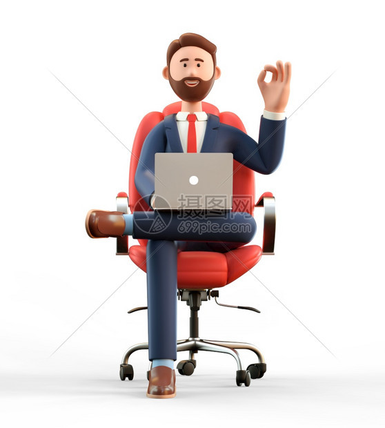 老板好的3D插图快乐笑的商人穿着笔记本电脑坐在扶椅上展示手势不错的卡通胡须男子手印很好在办公室工作人们图片